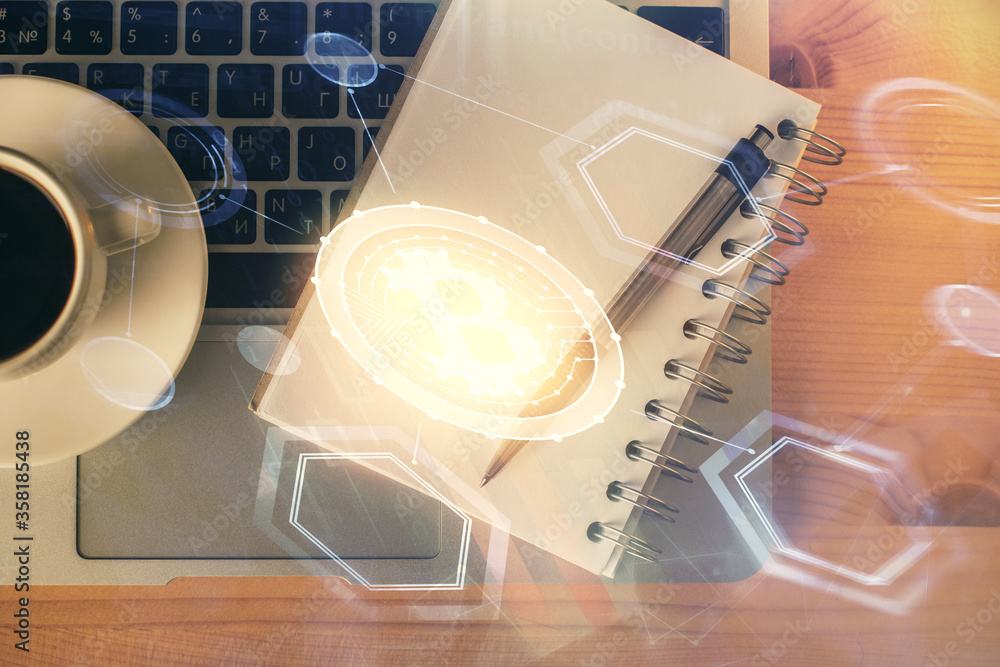 Multi exposure of crypto theme drawing and work table top veiw. Concept of blockchain technology in business. Multi exposure of crypto theme drawing and work table top veiw. Concept of blockchain technology in business.