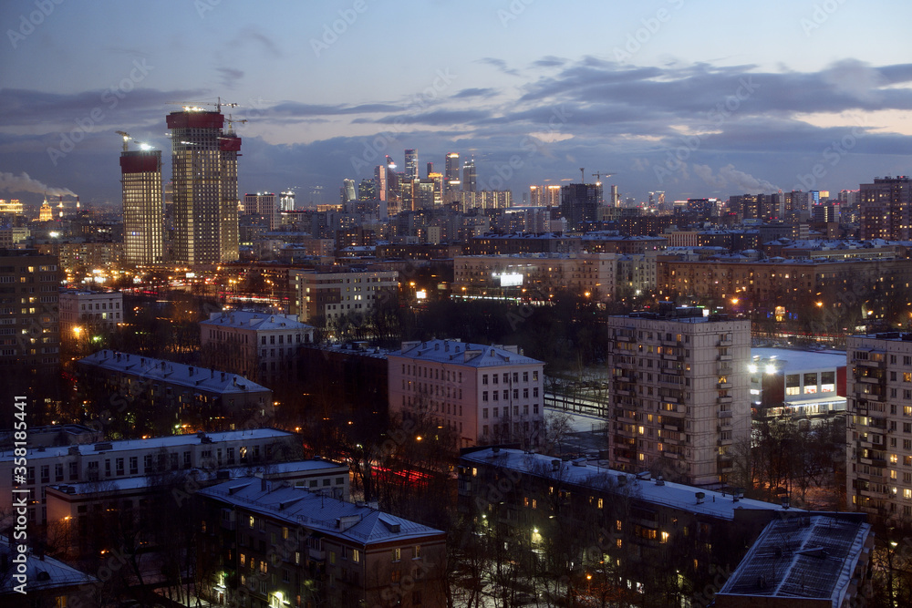 Fototapeta premium Evening in the city. Moscow apartments in the evening. Business Center Moscow City. Moscow. Russia.