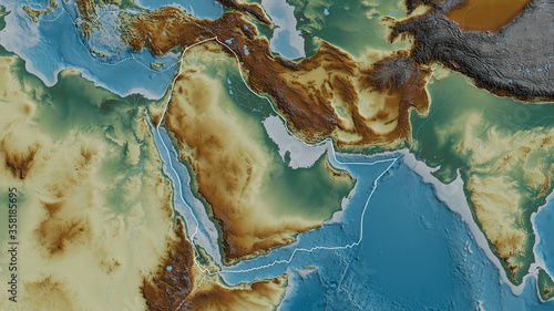 Arabian tectonic plate - outlined. Relief photo