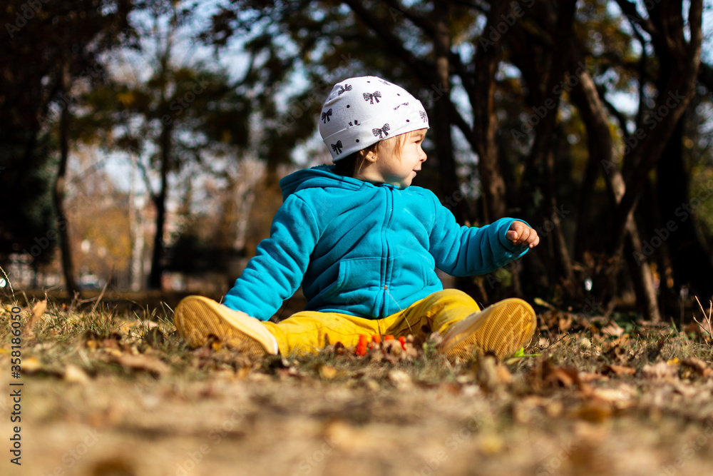 A small girl playing with fallen leafs in the park A small girl playing with fallen leafs in the park