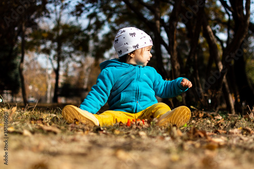 A small girl playing with fallen leafs in the park