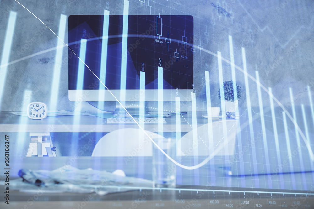 Multi exposure of financial graph drawing and office interior background. Concept of market analysis. Multi exposure of financial graph drawing and office interior background. Concept of market analysis.