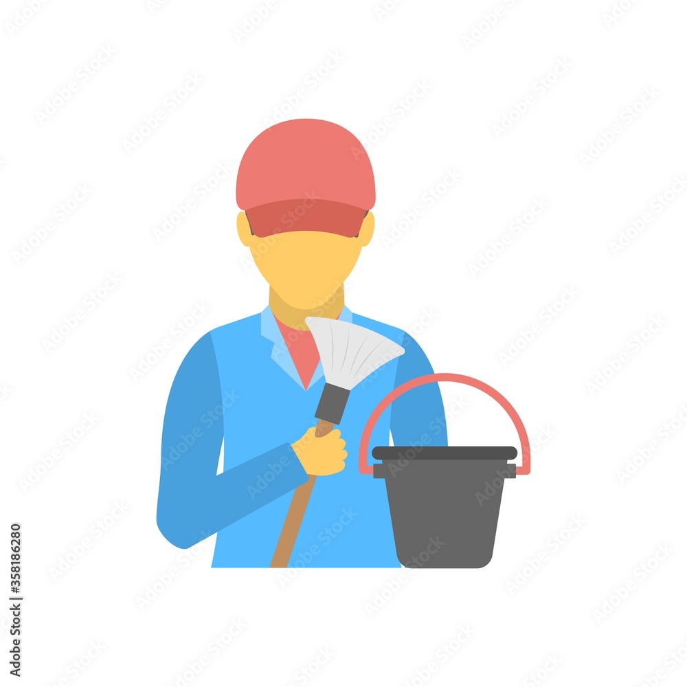 Professional office cleaner with mop and bucket. Janitor icon in flat design style. Professional office cleaner with mop and bucket. Janitor icon in flat design style.