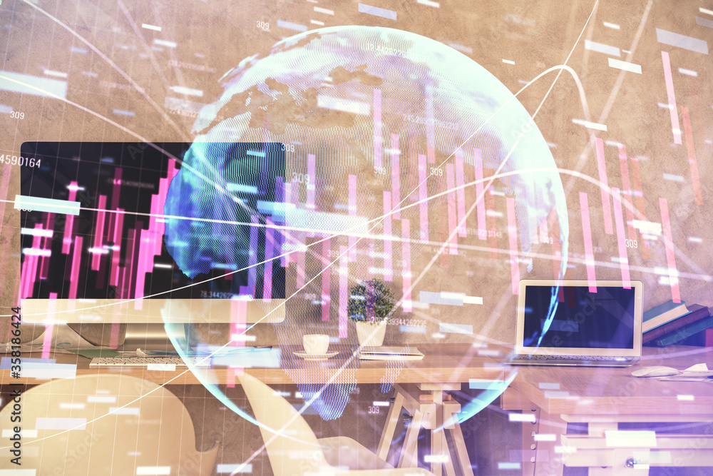 Multi exposure of financial graph drawing and office interior background. Concept of market analysis. Multi exposure of financial graph drawing and office interior background. Concept of market analysis.