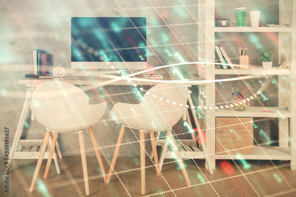 Multi exposure of stock market chart drawing and office interior background. Concept of financial analysis. Multi exposure of stock market chart drawing and office interior background. Concept of financial analysis.