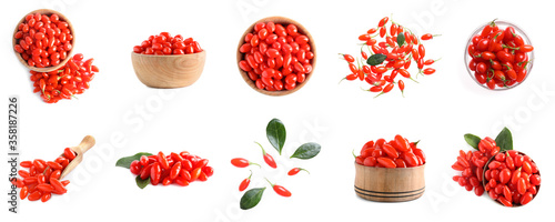 Set of fresh goji berries on white background. Banner design
