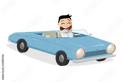 vector cartoon illustration of a happy asian businessman with classic convertible car
