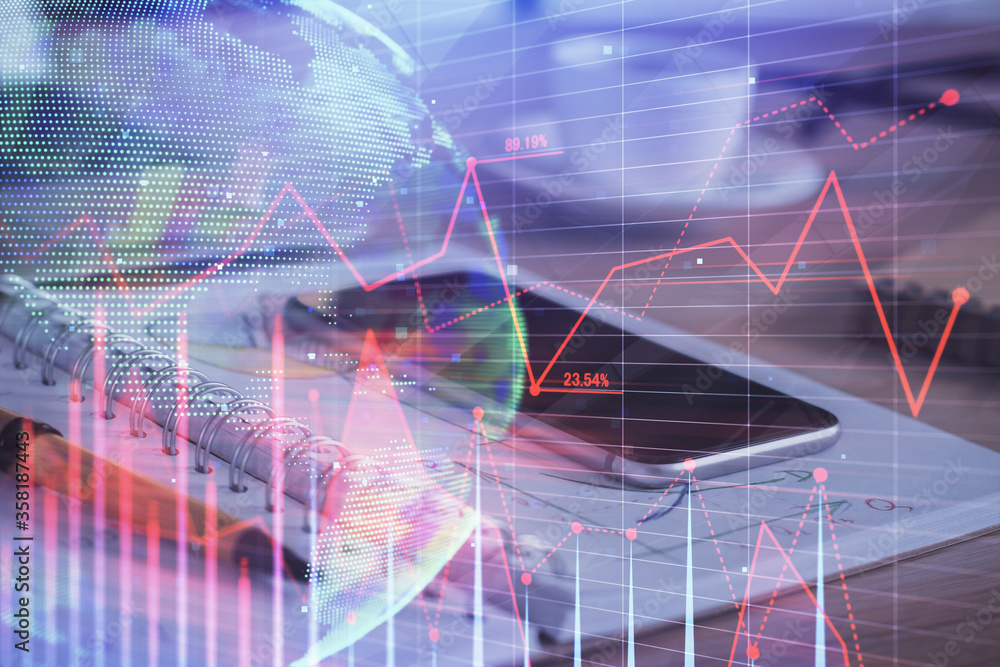 Double exposure of forex chart drawing and cell phone background. Concept of financial data analysis Double exposure of forex chart drawing and cell phone background. Concept of financial data analysis