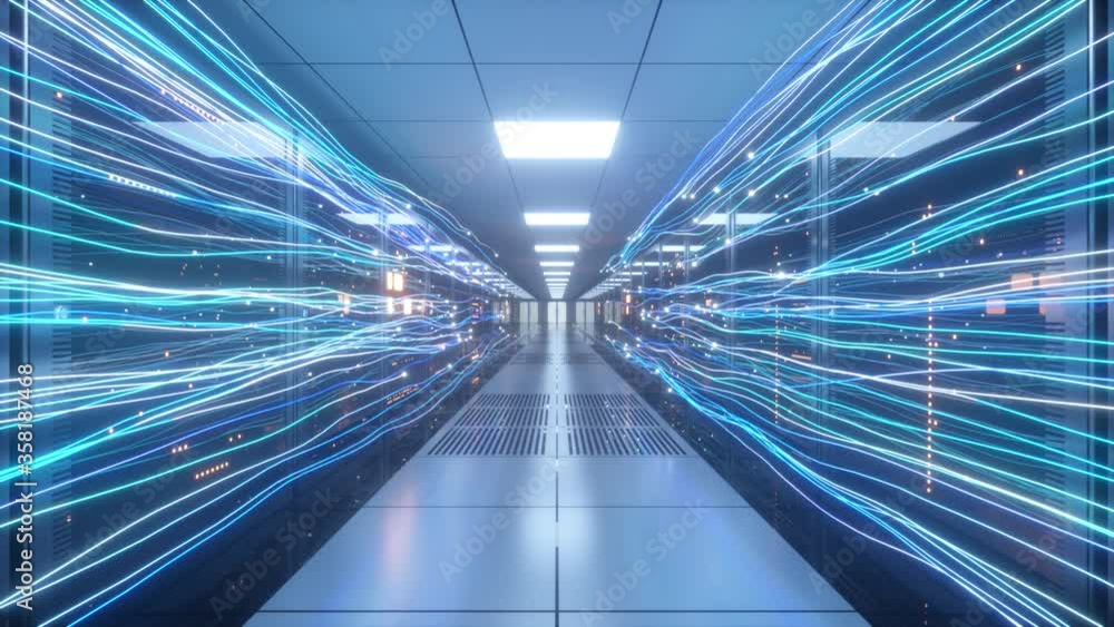 Digital information flows through the network and data servers behind glass panels in the server room of a data center or Internet service provider. High speed digital lines