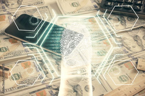 Double exposure of finger print scan drawing over usa dollars bill background. Concept of security of safe access.