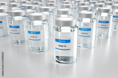 3d Illustration with rows of glass vials containing  Covid-19 vaccine