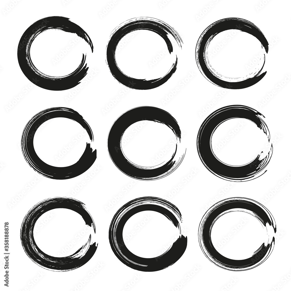 Abstract circles set frames of thick black textured paint smears