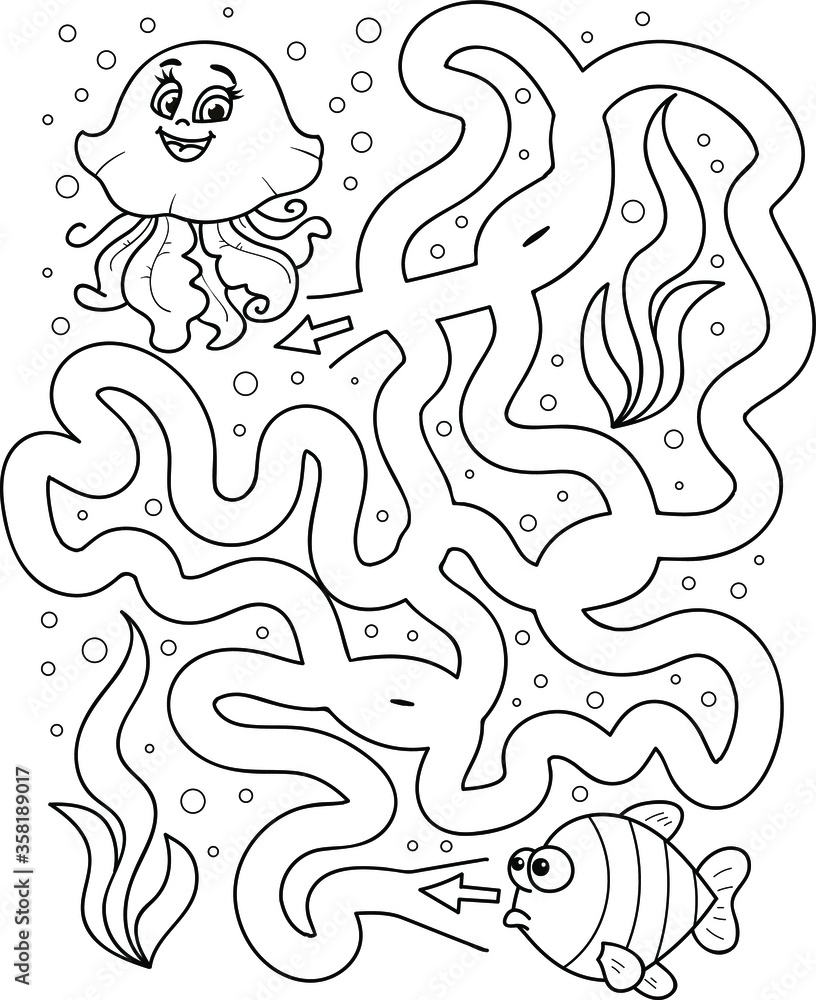 Help the fish to find her friend jellyfish. Coloring page outline of the cartoon labyrinth. Colorful vector illustration of educational maze game for preschool children, summer coloring book for kids.