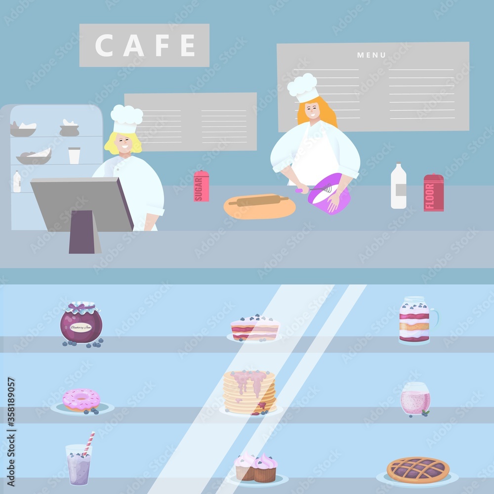 Concept cafe shop, character people prepare sweet, pastry boutique flat vector illustration. Design interior candy workshop, confectioner female male cook food. Ice cream dessert jam and tart.