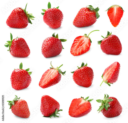 Set with delicious sweet strawberries on white background