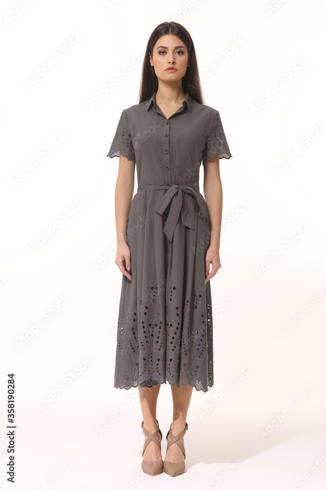 business woman executive posing in formal striped long skirt summer dress business woman executive posing in formal striped long skirt summer dress