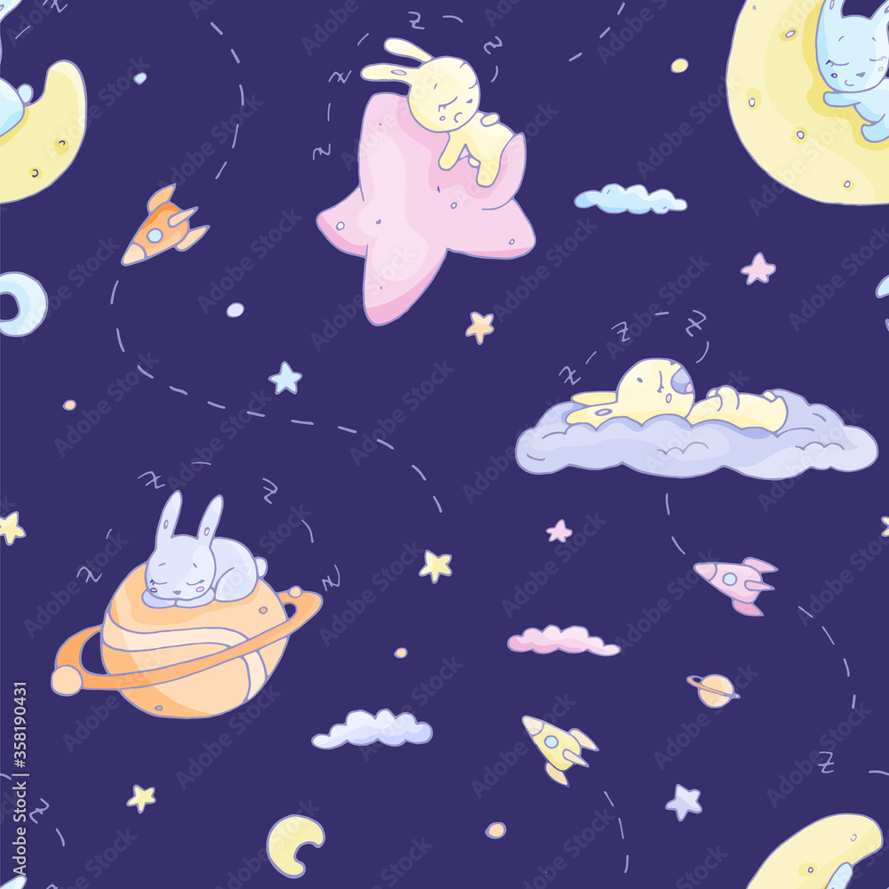 Fototapeta premium seamless pattern good night rabbits in outer space