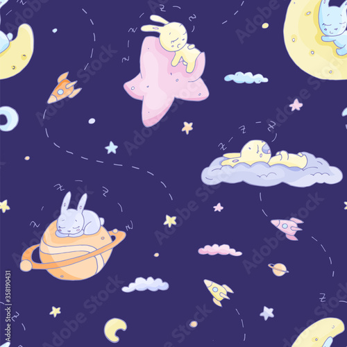 seamless pattern good night rabbits in outer space