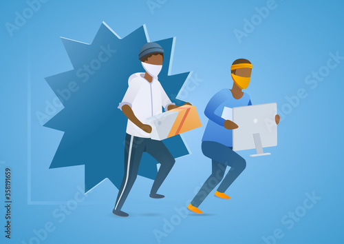 Two American men go one by one fleeing the store with electrical goods. Protest turned into riots. Looters Rob stores. Politics problems in USA. Vector flat illustration concept on blue background.