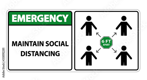 Emergency Maintain social distancing, stay 6ft apart sign,coronavirus COVID-19 Sign Isolate On White Background,Vector Illustration EPS.10