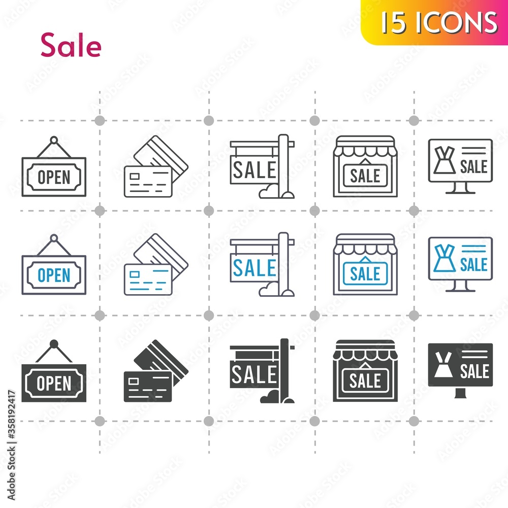sale icon set. included online shop, sale, shop, credit card, open icons on white background. linear, bicolor, filled styles. sale icon set. included online shop, sale, shop, credit card, open icons on white background. linear, bicolor, filled styles.
