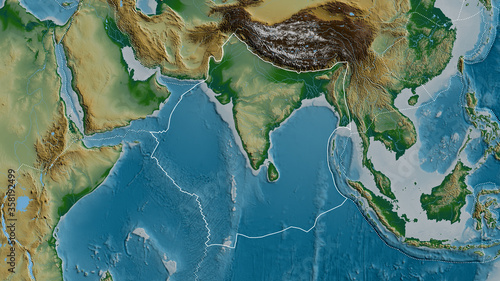 Indian tectonic plate - outlined. Physical