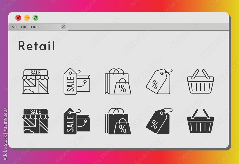 retail icon set. included shopping bag, shop, price tag, shopping-basket, shopping basket icons on white background. linear, filled styles.