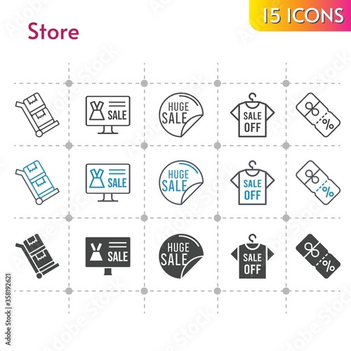 store icon set. included online shop, sale, shirt, discount, trolley icons on white background. linear, bicolor, filled styles.