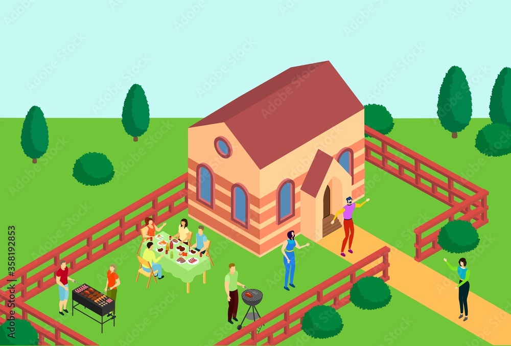 Barbecue home party, character people family bbq gathering 3d isometric vector illustration. Private territory place, household together eat food outdoor backyard and ranch garden.