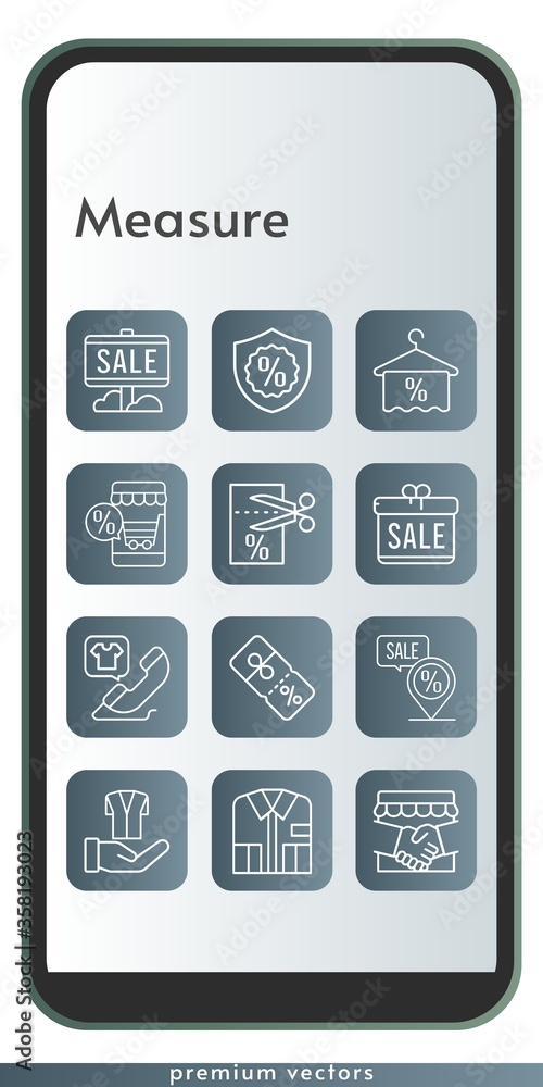 measure icon set. included gift, handshake, online shop, sale, shirt, towel, voucher, warranty, phone call, discount, jacket, placeholder icons on phone design background . linear styles.