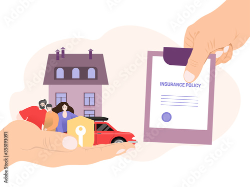Agent hand hold insurance policy, concept money coverage save isolated on white, flat vector illustration. People character family female male preserve home car and private property.