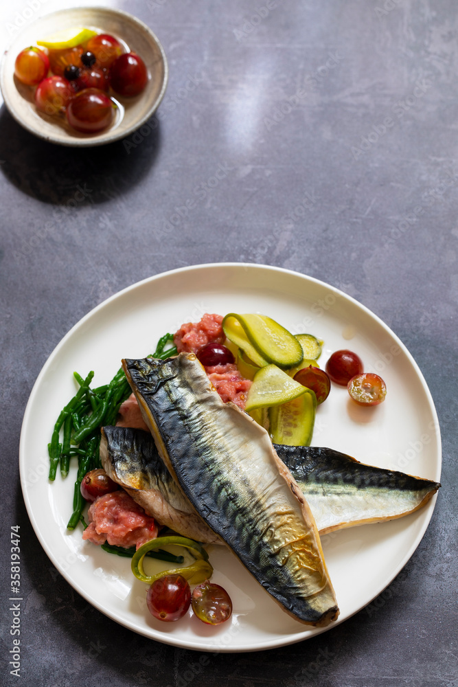Grilled mackerel with gooseberry ketchup, pickled cucumber and whole gooseberries and samphire Grilled mackerel with gooseberry ketchup, pickled cucumber and whole gooseberries and samphire