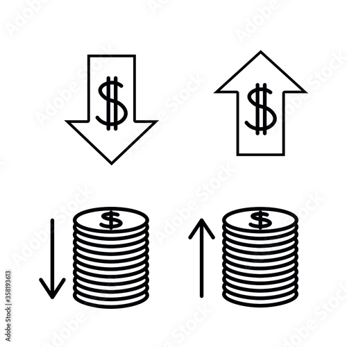 Rising dollar, down and up arrow and dollar sign simple line icon vector illustration set. Editable stroke.
