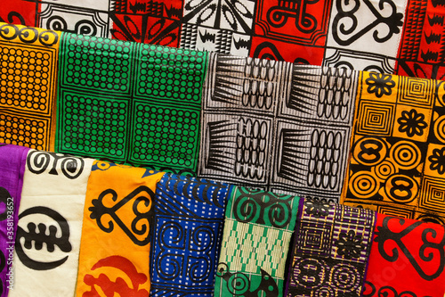Traditional West African fabric for sale at a market in Ntonso, Ghana, West Africa