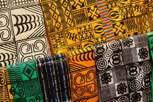 Traditional West African fabric for sale at a market in Ntonso, Ghana, West Africa