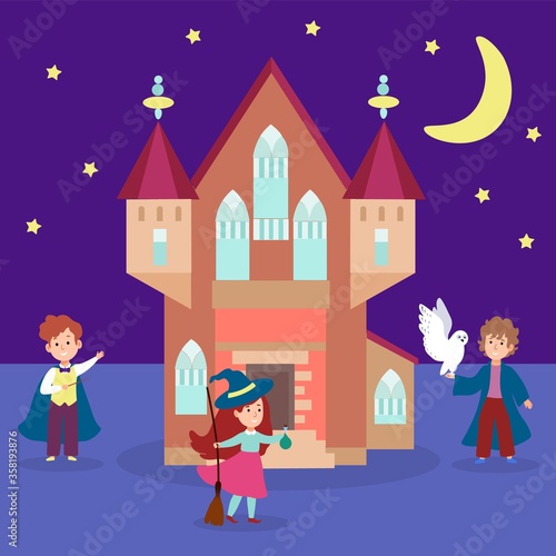 Magic castle building young people character wizard kid sorcery university flat vector illustration. Spell material fortress, miracle wand staff cozy stronghold place, child hold white owl.
