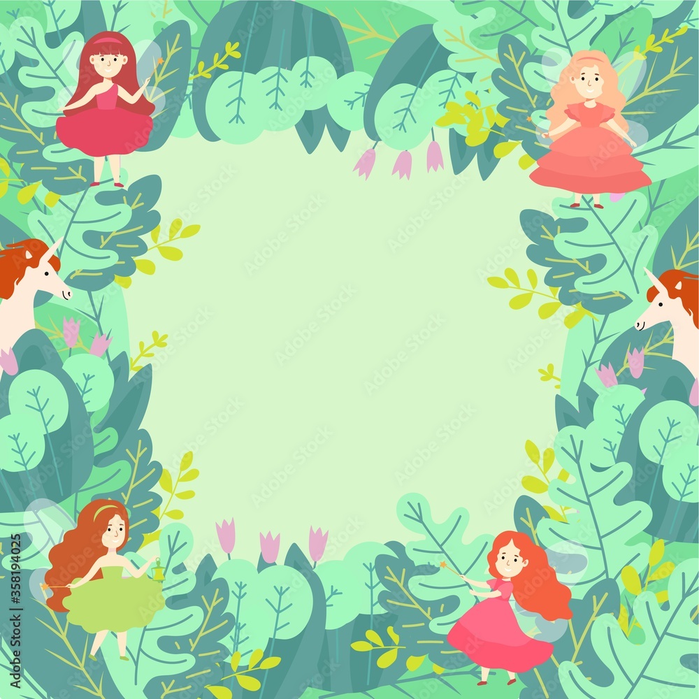 Green leaf magic compositions pattern round concept flat vector illustration. Wizard unicorn and magical fairy girl character, miracle spell sorcery stuff. Ecological leaves web banner, text place.