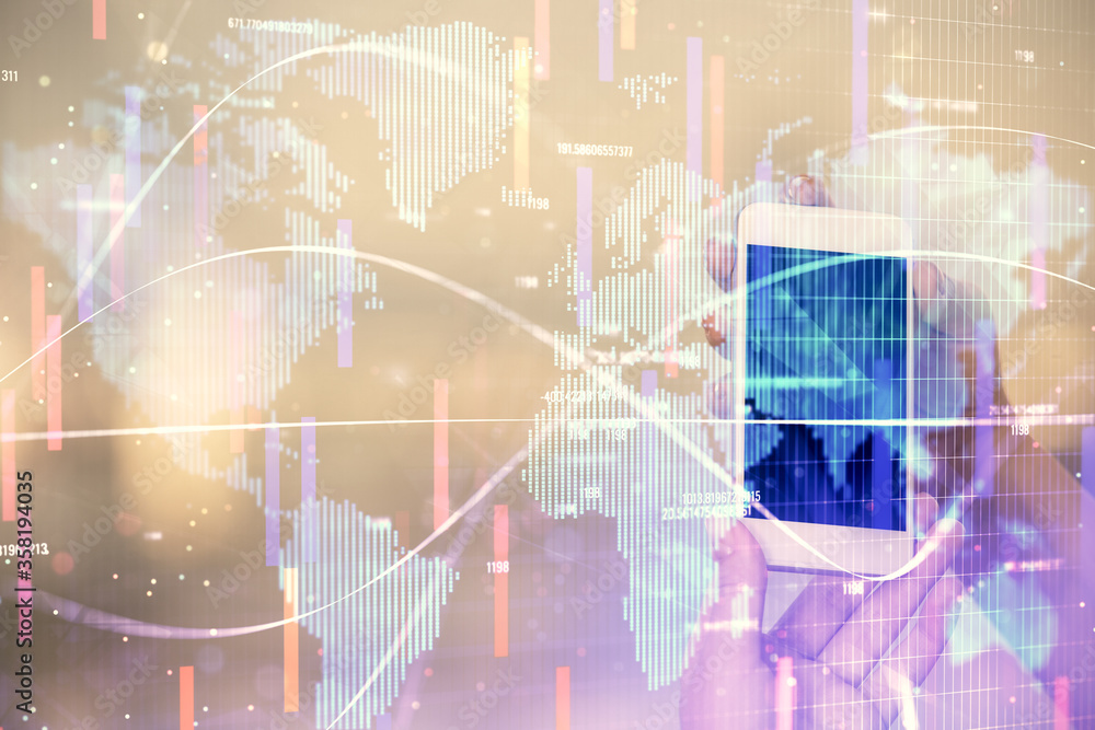 Double exposure of business theme sketch hologram and woman holding and using a mobile device. Double exposure of business theme sketch hologram and woman holding and using a mobile device.