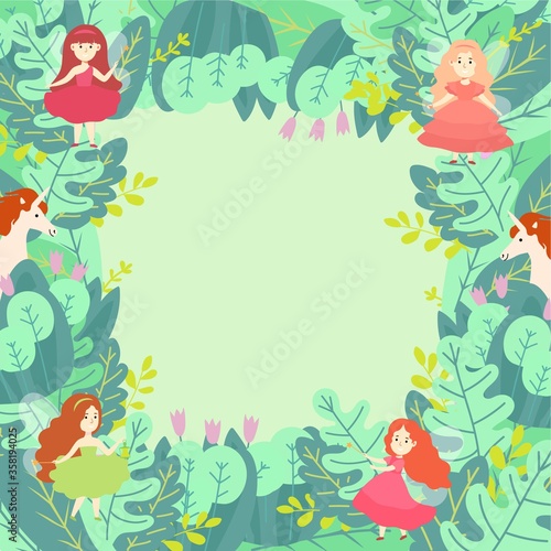 Green leaf magic compositions pattern round concept flat vector illustration. Wizard unicorn and magical fairy girl character  miracle spell sorcery stuff. Ecological leaves web banner  text place.