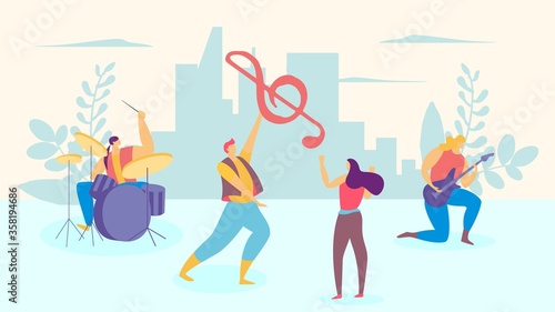 Music band character male female person, man play drum person guitarist flat vector illustration. Lovely sonata guy present treble clef and sings beloved woman, city urban background.