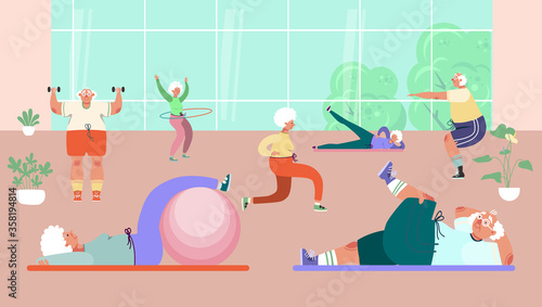 Old people group doing exercises in gym, vector illustration. Healthy activity for senior man woman character, sport and fitness workout. Exercises with ball, dumbbells, hula hoops and rug.
