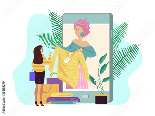 Personal fashion stylist online, vector illustration. Fashion consultant service in large smartphone, woman character design clients wardrobe. Professional shopper help to choose stylish clothes.