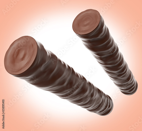 Broken wafer roll coated chocolate. Clipping path, isolated white background. 3d illustration