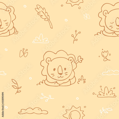 seamless tender jungle pattern with baby lions