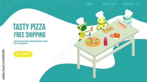 Tasty pizza free shipping web banner, robot make italian pizzeria 3d isometric vector illustration. Concept landing preparation food page button home and contact us. Get starting internet site.