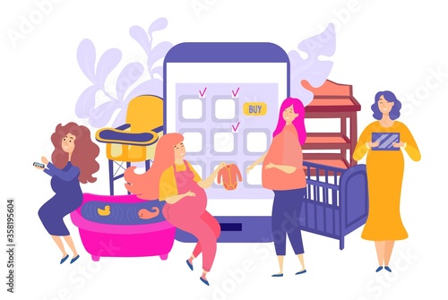 Pregnancy shopping for baby, vector illustration. Future mothers group character make purchases online at large smartphone. Goods for newborn child, small bath, bed, high chair and clothes.