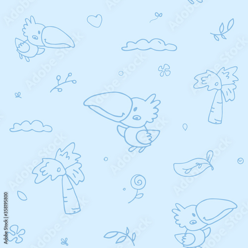 seamless tender jungle pattern with baby tucan