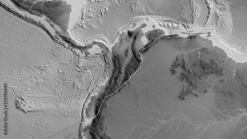 North Andes tectonic plate - outlined. Grayscale photo