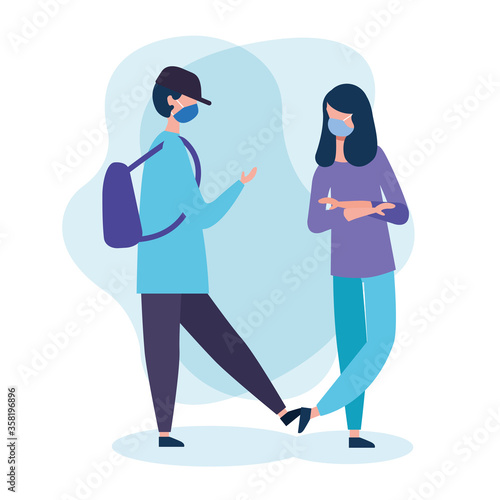 school boy and girl with medical mask vector design