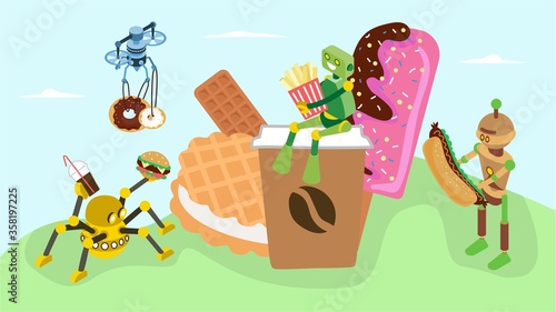 Tiny character robot artificial intelligence eat sweetness, delivery sweet food flat vector illustration. Modern drone shipment concept coffee business, dessert chocolate smoothies.